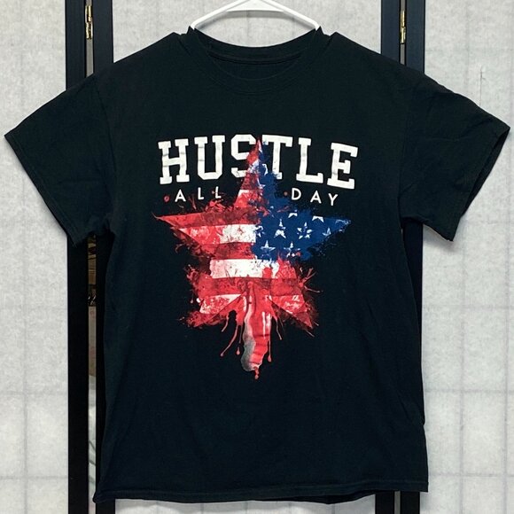 Short Sleeve Patriotic Screen Print USA Star Hustle All Day Crew Neck Tee Shirt - Picture 1 of 9